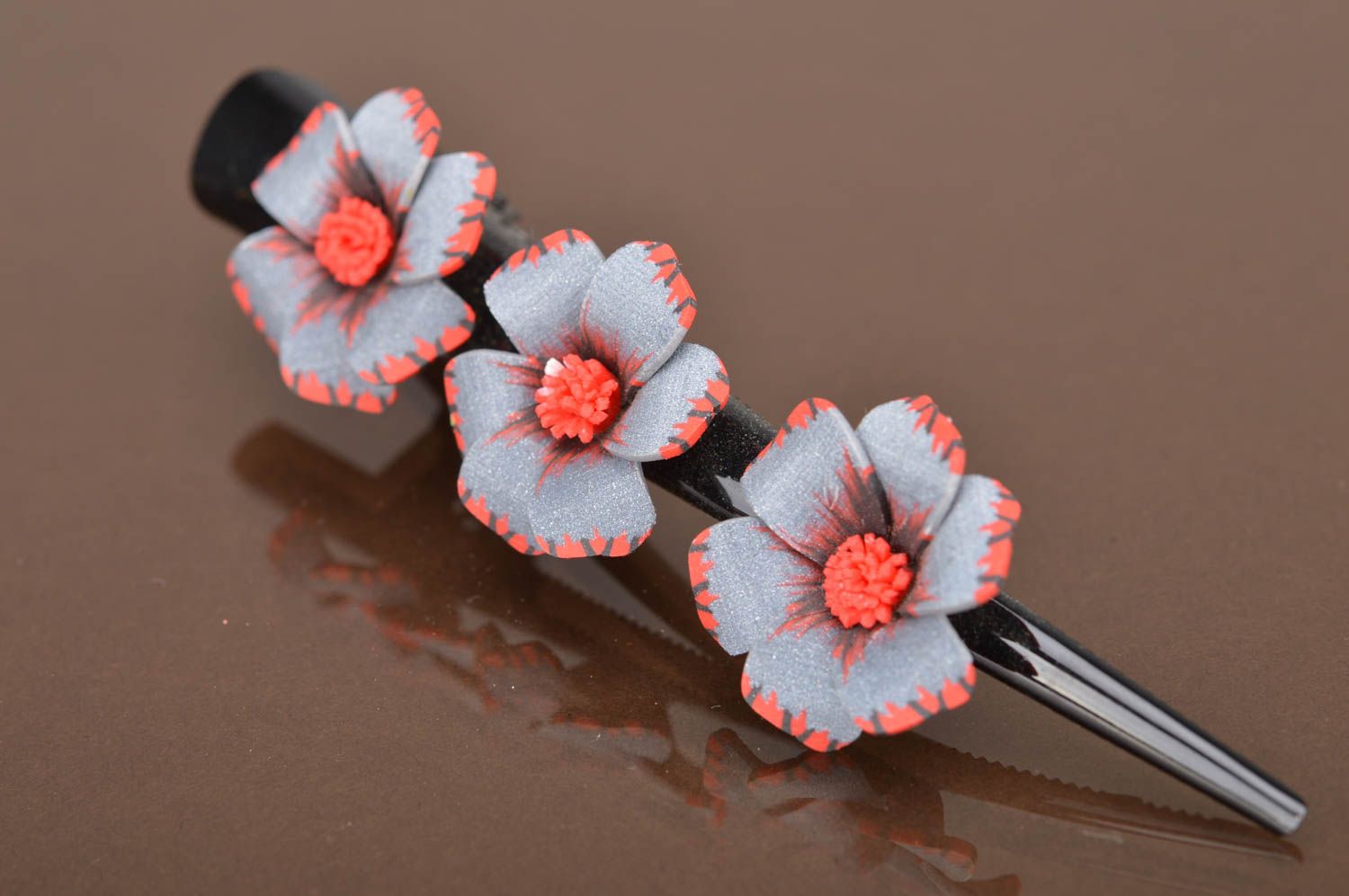 Large stylish grey handmade hair clip with flowers made of polymer clay  photo 5