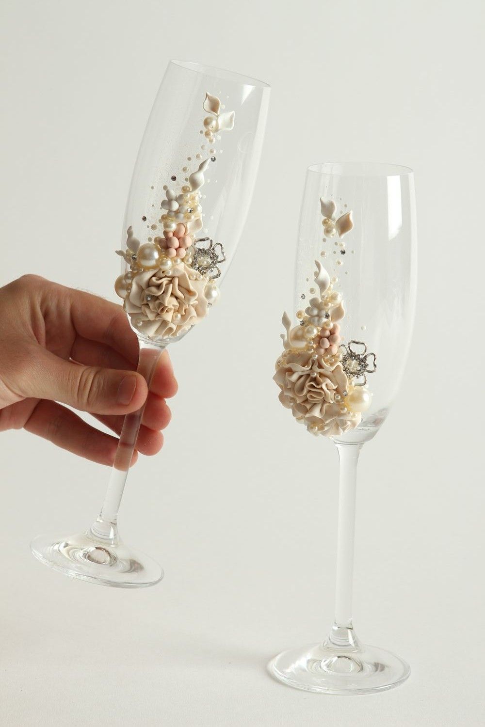 Свадебные бокалы ручной работы свадебные фужеры красивые бокалы с жемчугом фото 5