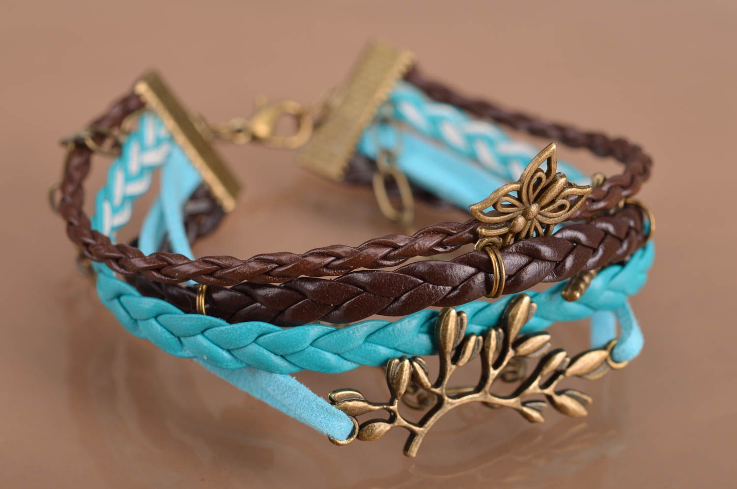 Handmade multi row brown and turquoise suede cord wrist bracelet with charms photo 2