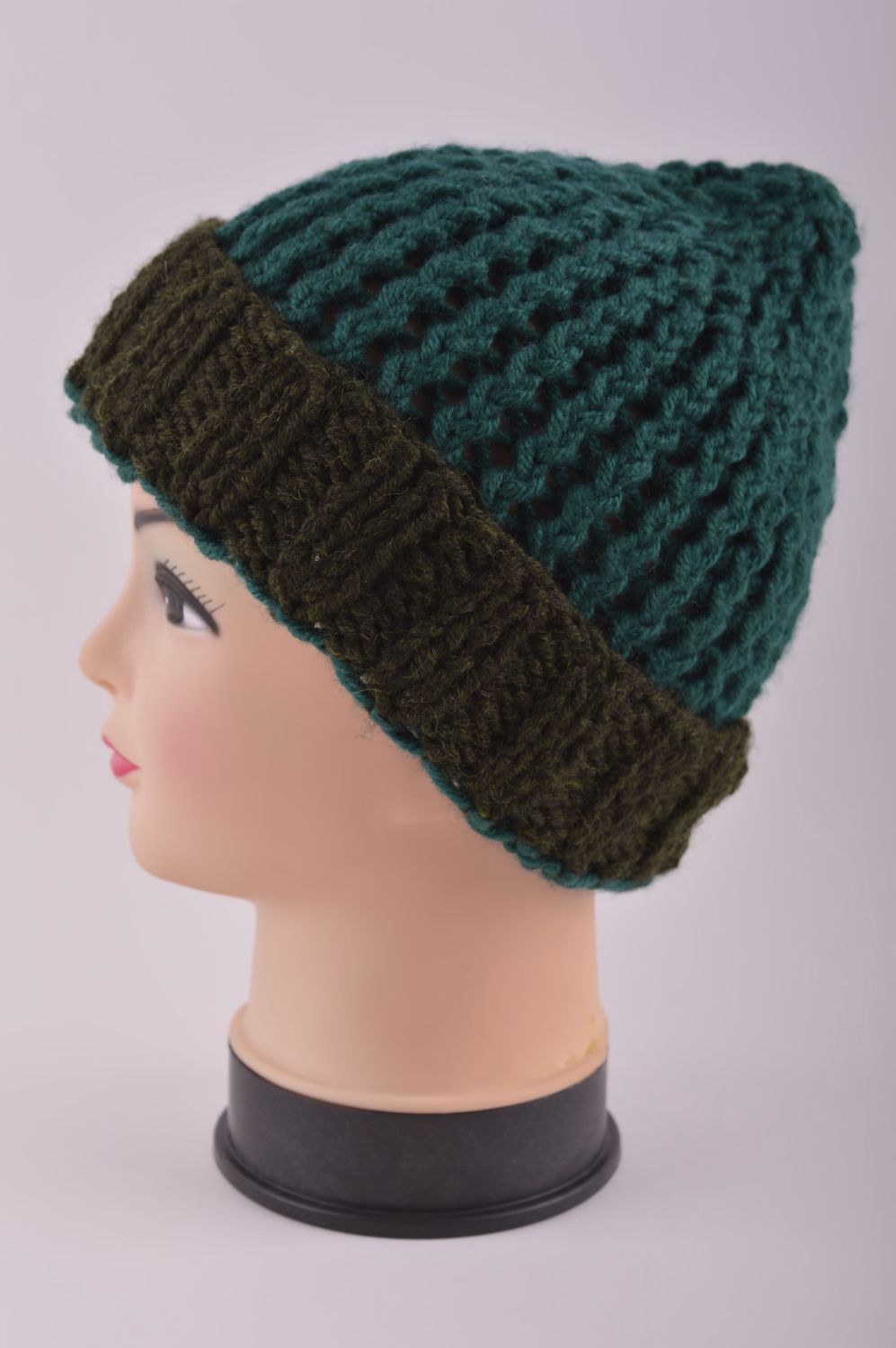 Bonnet tricot fait main Chapeau chaud d'hiver noir vert Vêtement femme photo 3