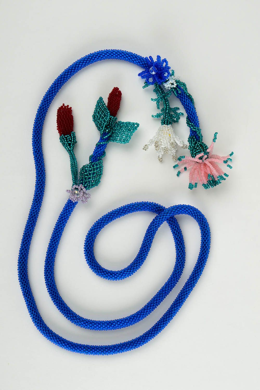 Лариат из бисера украшение ручной работы украшение из бисера синее с цветами фото 3