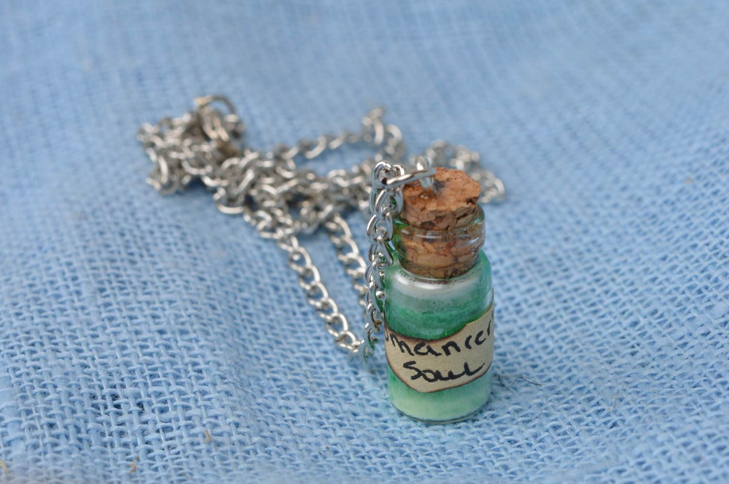 Handmade stylish luminous unusual pendant in shape of glass jar on chain photo 3