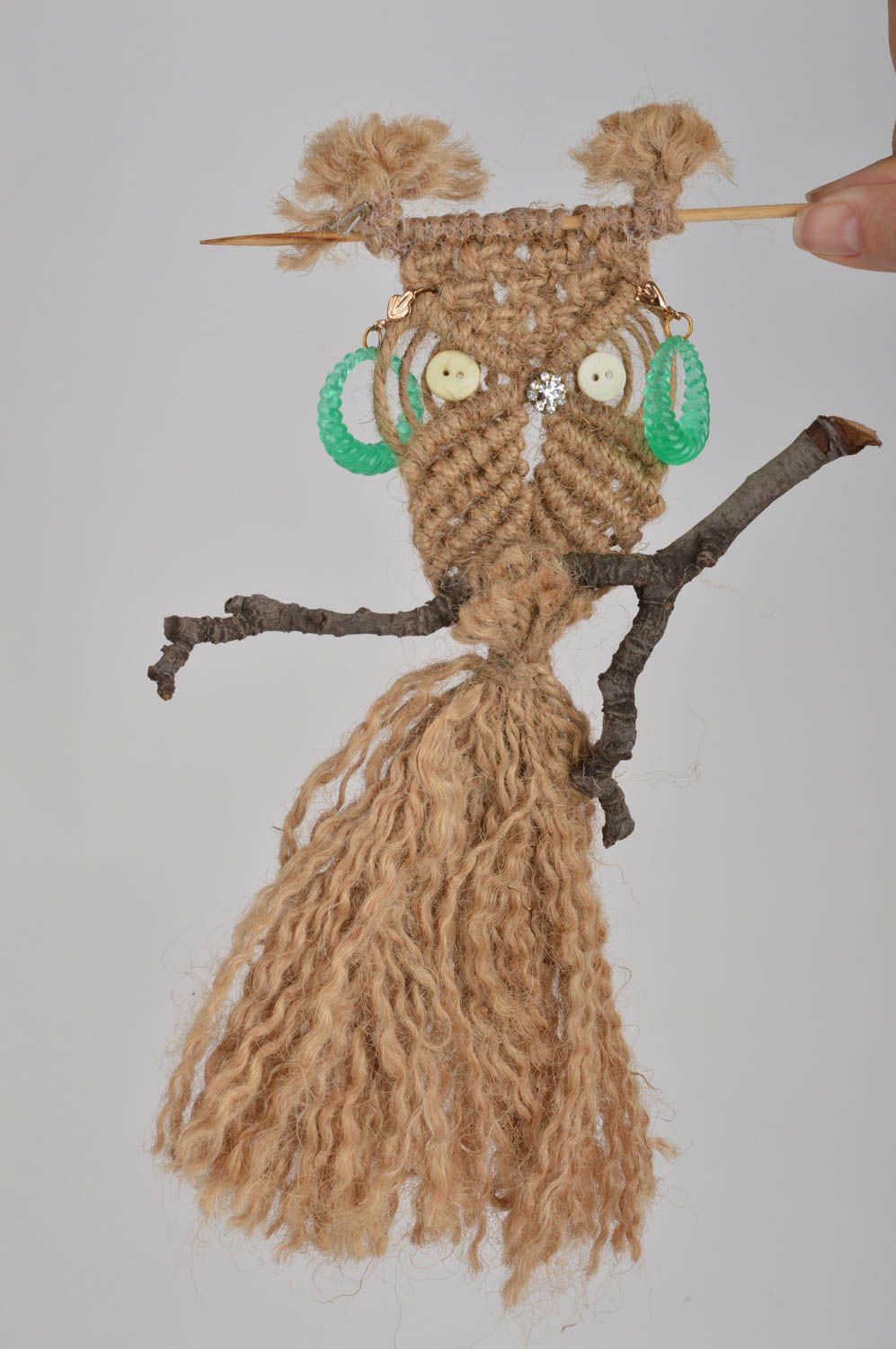 Hibou sur branche macramé fait main avec boucles d'oreilles décoration originale photo 2