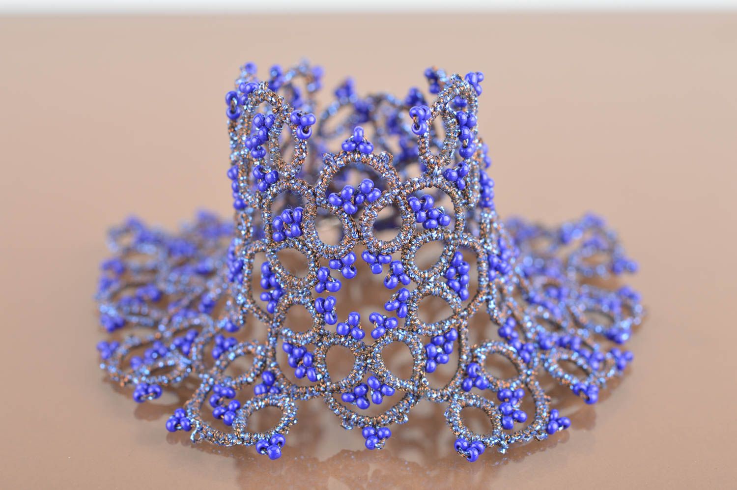 Beautiful handmade designer blue tatting lace bracelet with Czech beads photo 5