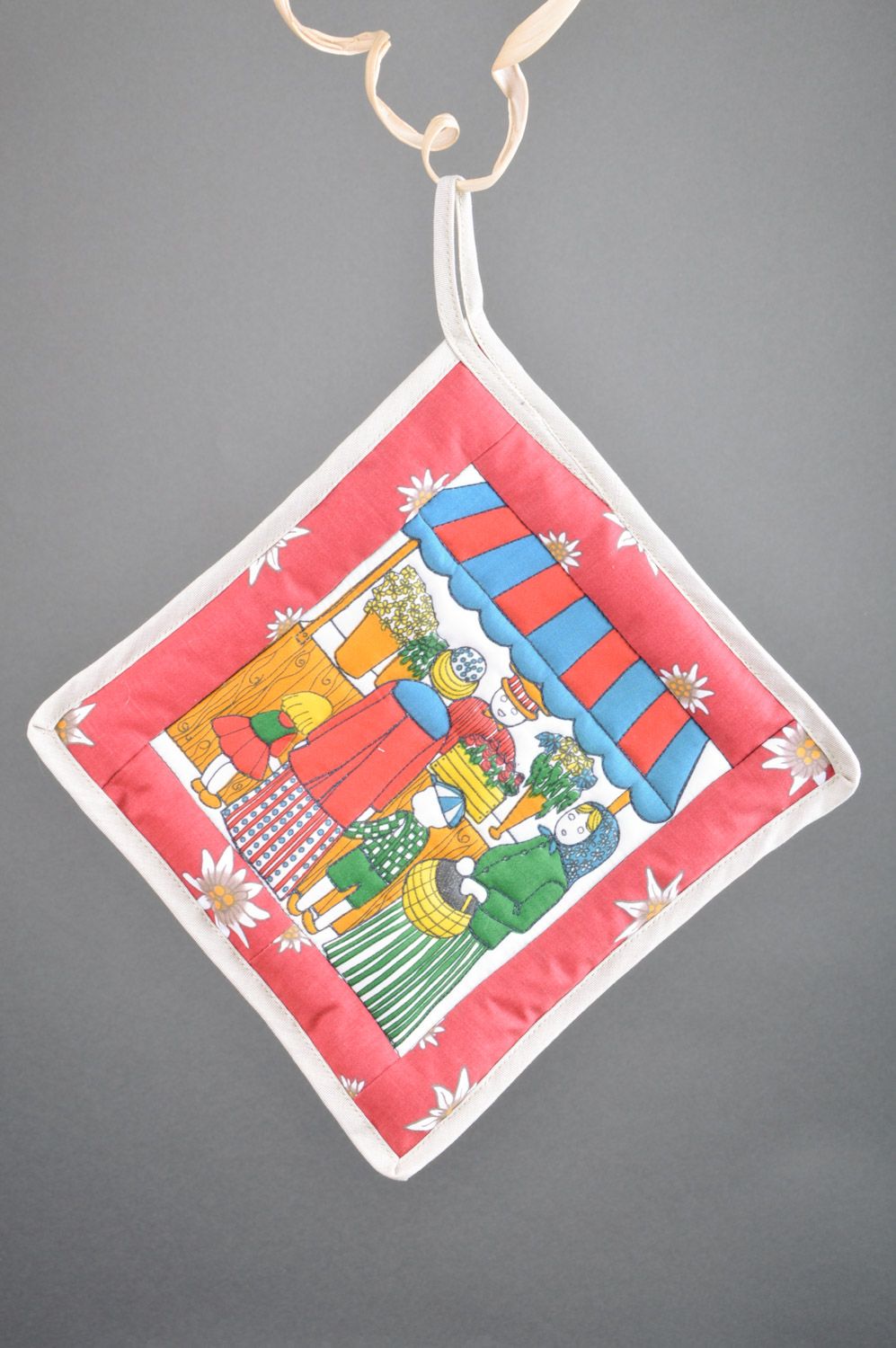 Handmade bright colorful hot pot holder sewn of cotton fabric Flower Market  photo 3