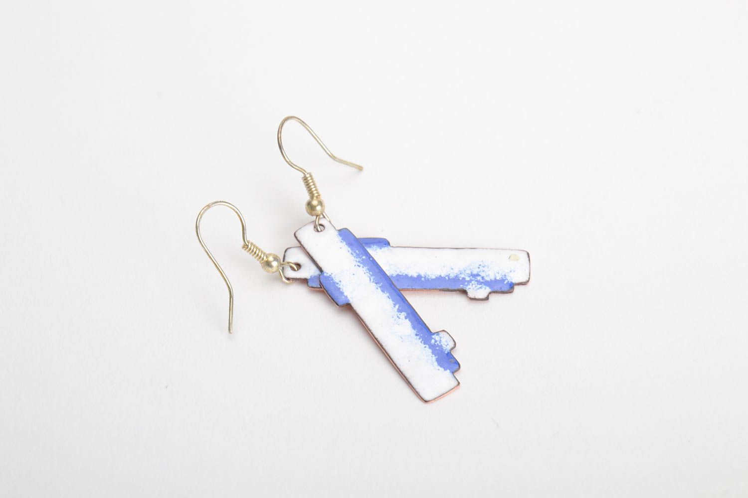 Handmade long copper earrings with hot enamel painting white with blue photo 4