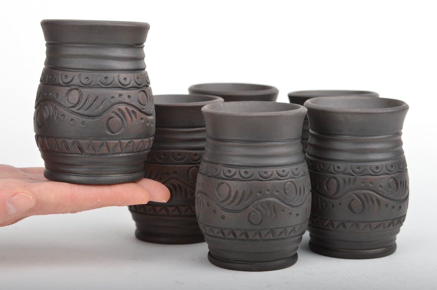 Set of 6 large handmade dark ceramic glasses kilned with milk with ornaments photo 3