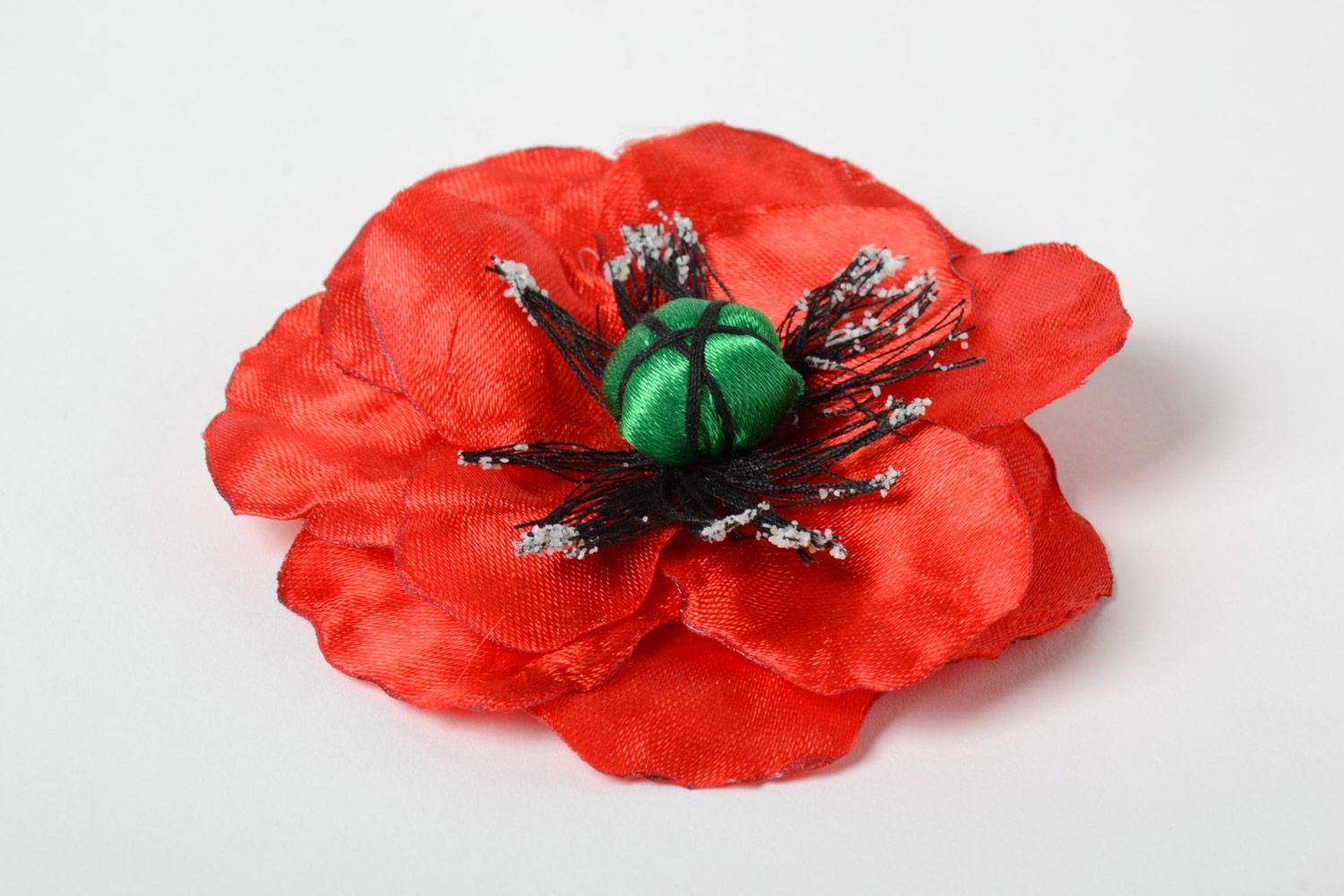 Handmade hair clip with volume red poppy flower made of satin ribbons  photo 2