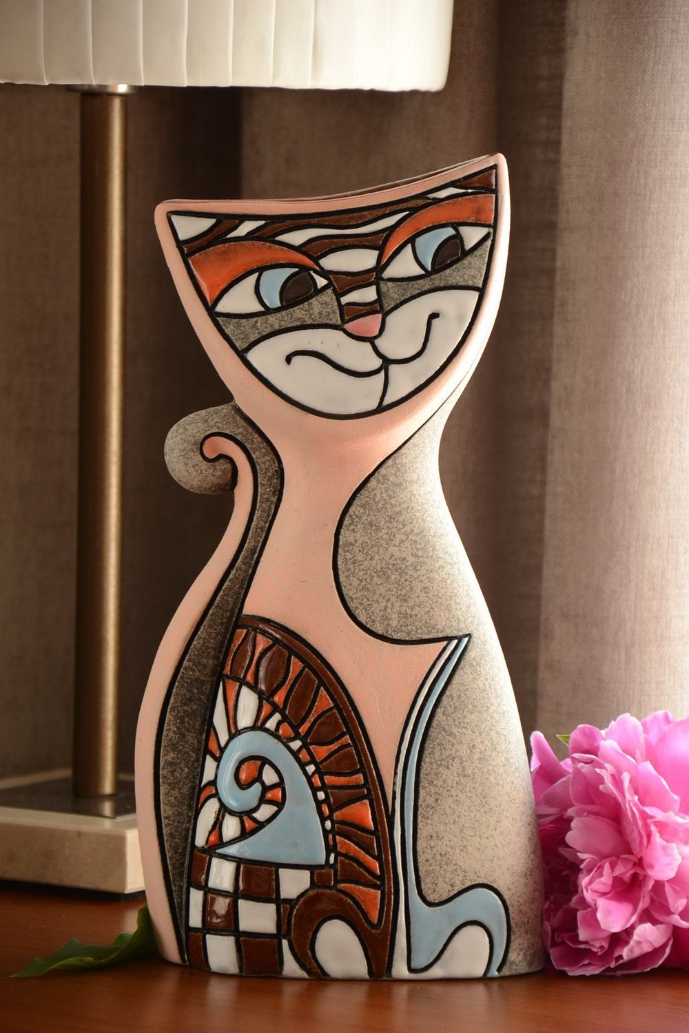 Grans vase chat en argile peint multicolore fait main décoration originale 2.5 l photo 1