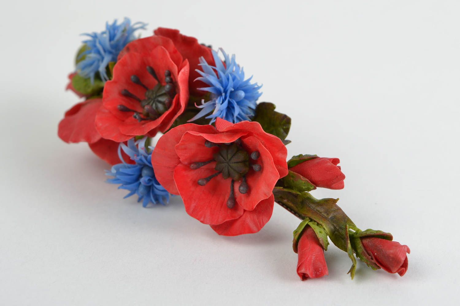 Handmade stylish hairpin made of cold porcelain in the form of red poppies photo 3