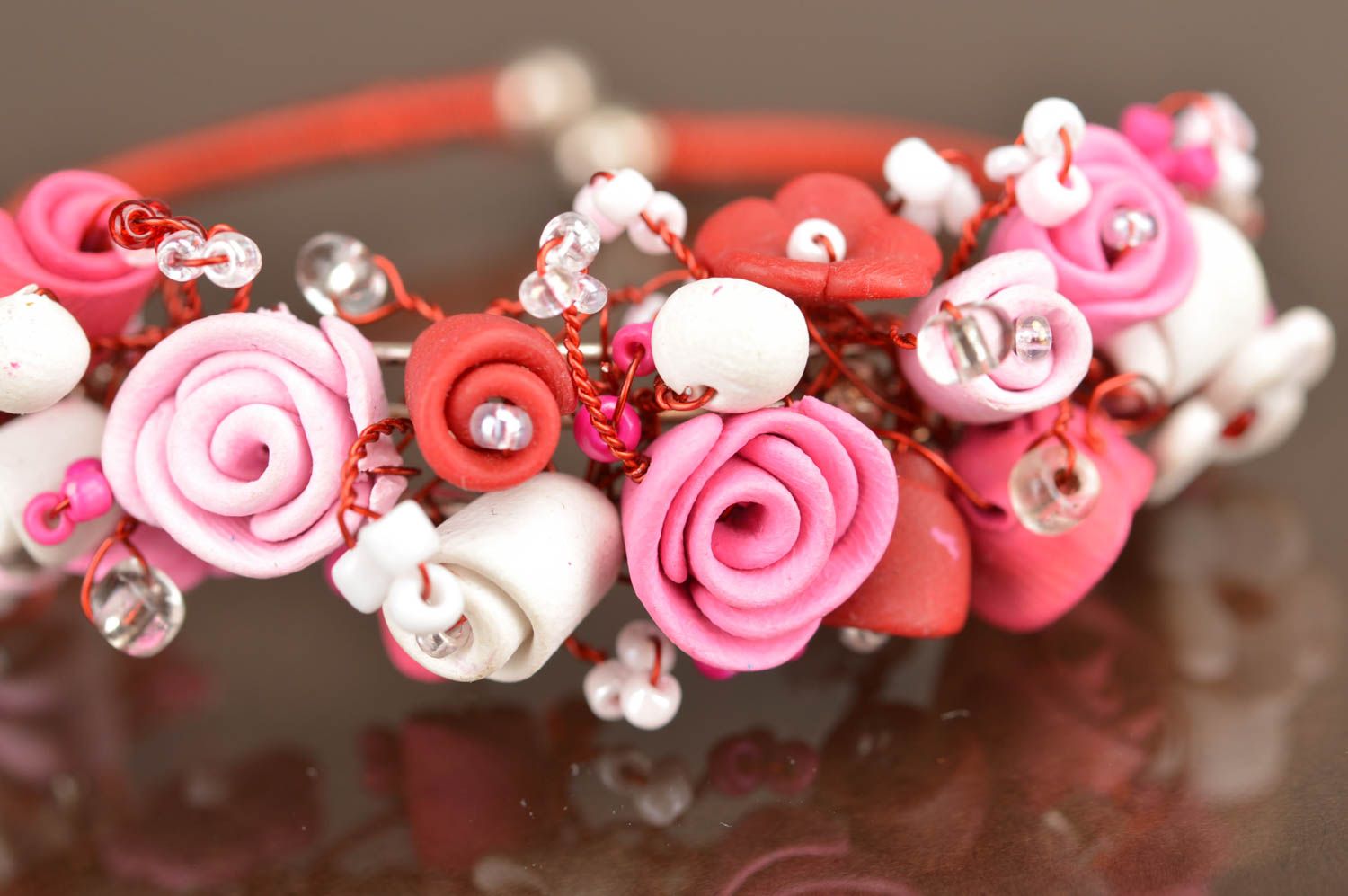 Handmade wrist bracelet made of polymer clay on metal base with flowers photo 3