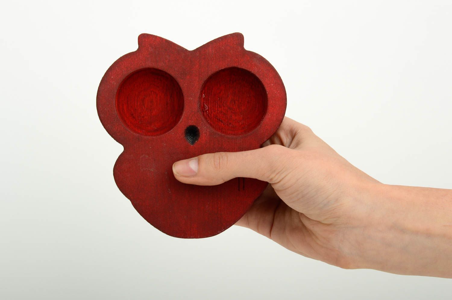 Flat wooden handcrafted two tea light candle holder in owl shape 4,72 inches, 0,21 lb photo 2