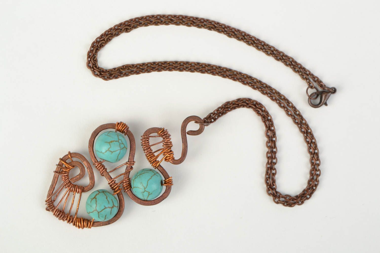 Handmade copper wire wrap pendant with turquoise on long chain stylish accessory photo 4