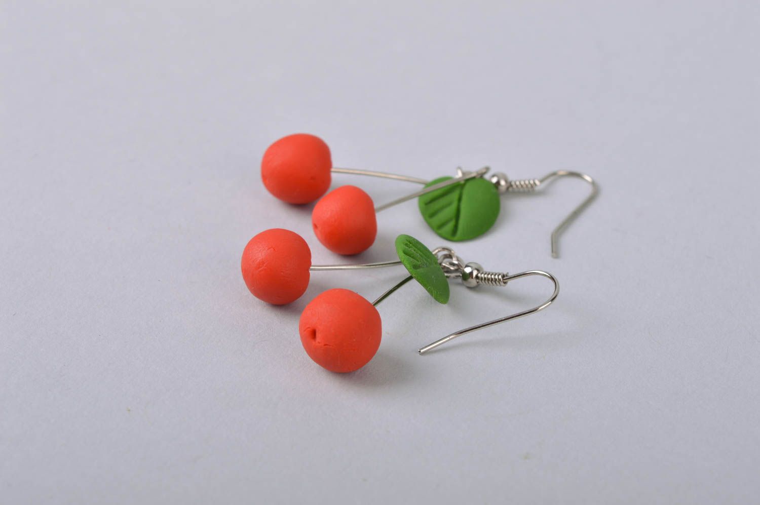 Handmade designer dangle earrings with cold porcelain red cherries with leaves photo 3