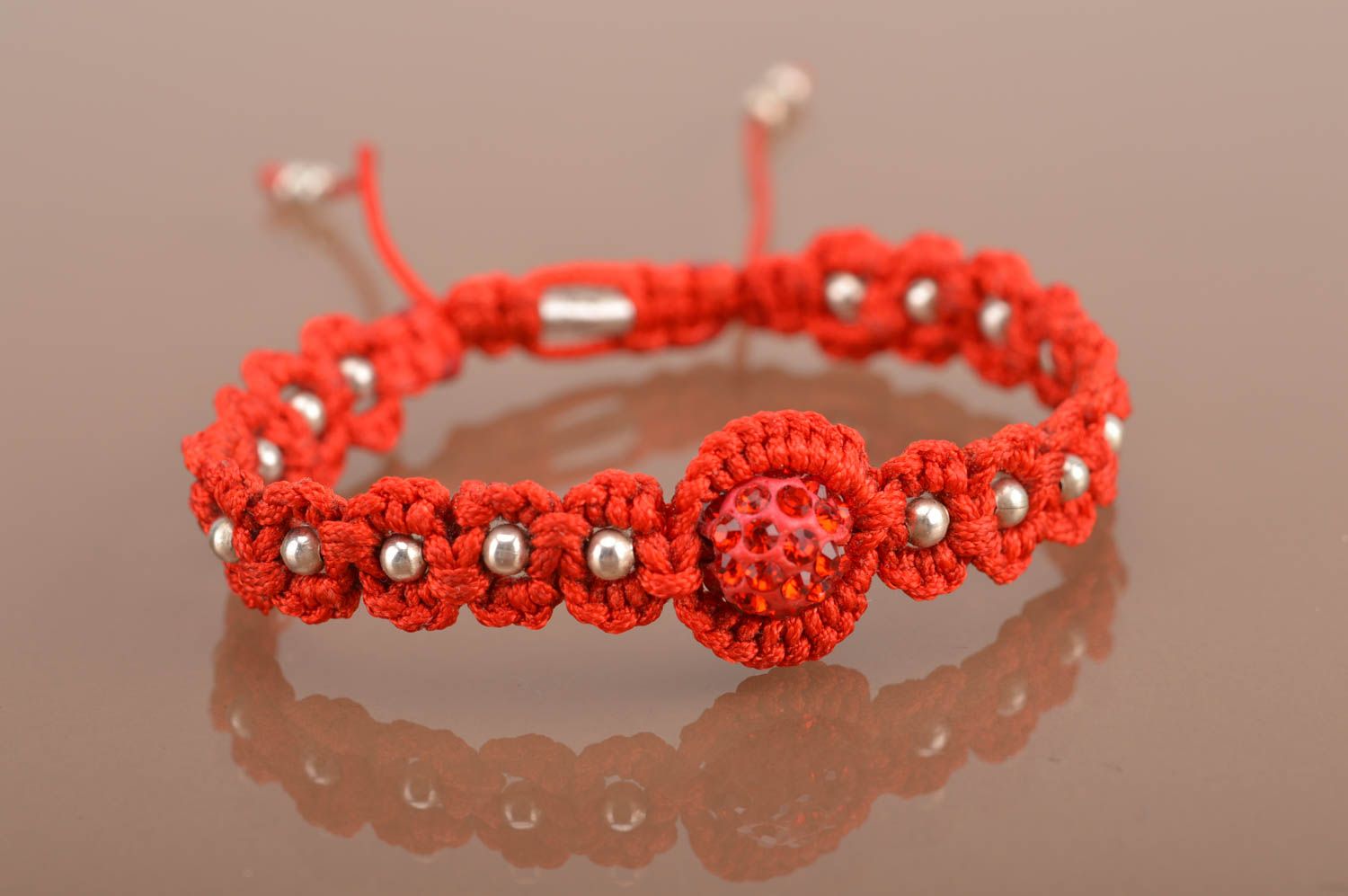 Handmade adjustable strand red textile woven wrist bracelet with gold color beads photo 2