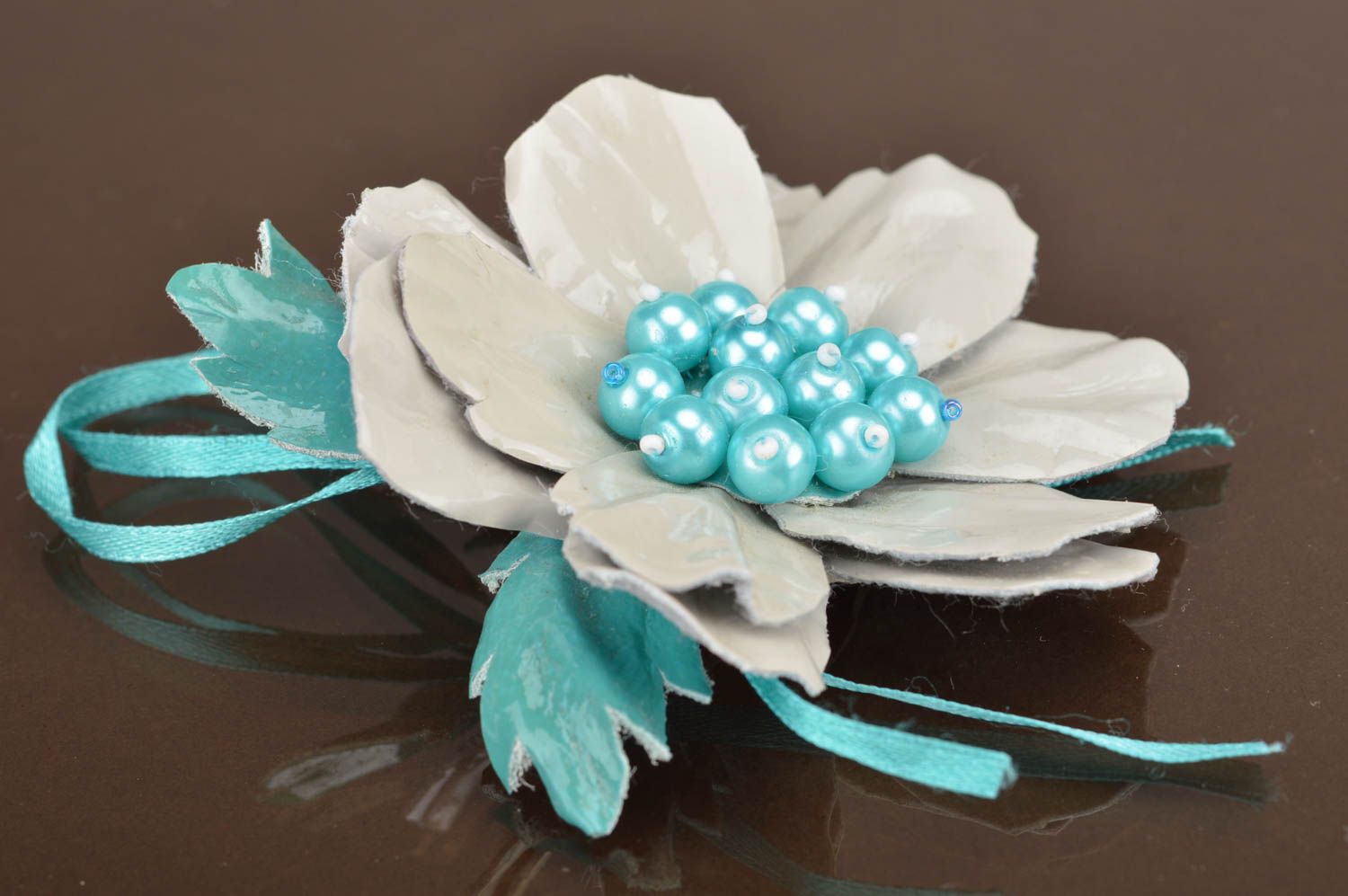 Beautiful festive handmade light leather brooch in shape of flower with beads photo 2