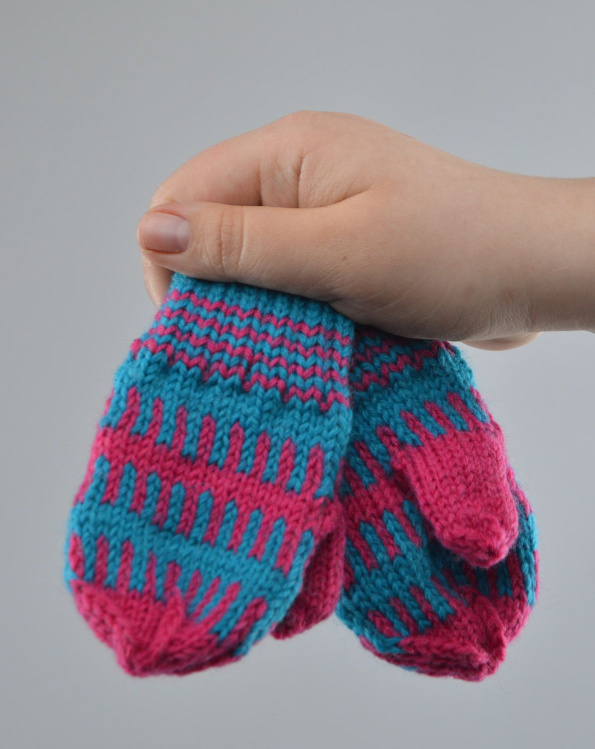 Handmade warm pink and blue mittens knitted of natural wool for little girl photo 4