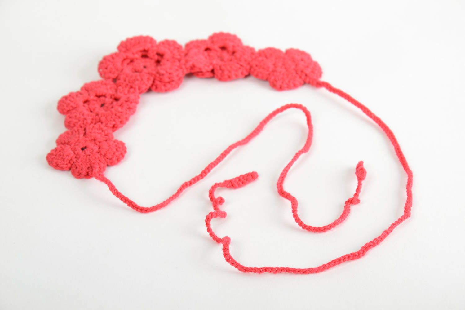 Collier fleurs tissu de coton tricoté rouge perles de rocaille boires fait main photo 5
