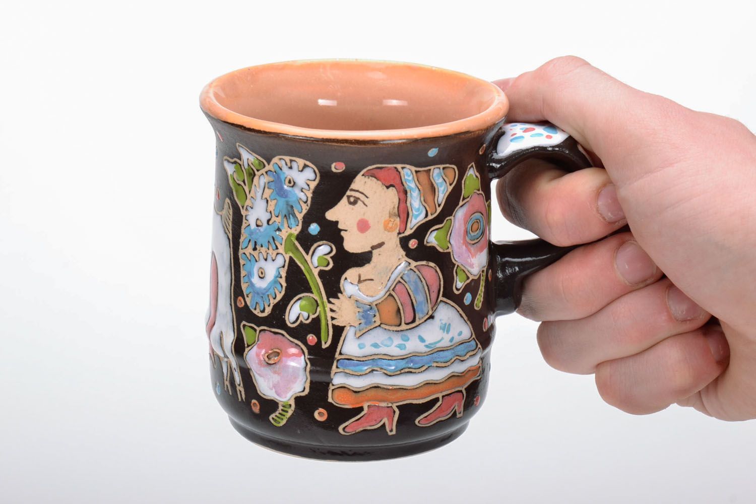 8 oz decorative handmade ceramic glazes coffee cup with handle and bright pattern photo 5