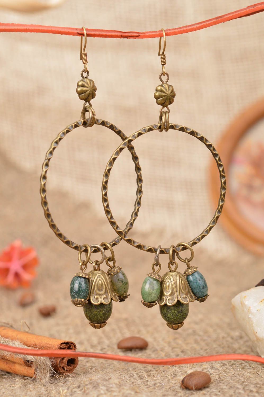 Handmade ring shaped metal dangle earrings with green beads charms photo 1