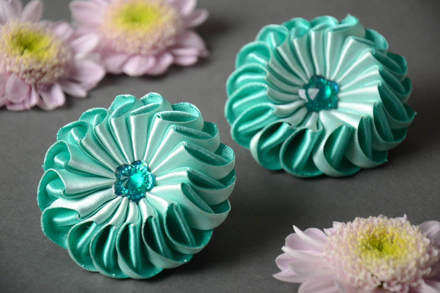 Set of 2 handmade designer elastic hair bands with mint-colored kanzashi flowers photo 1