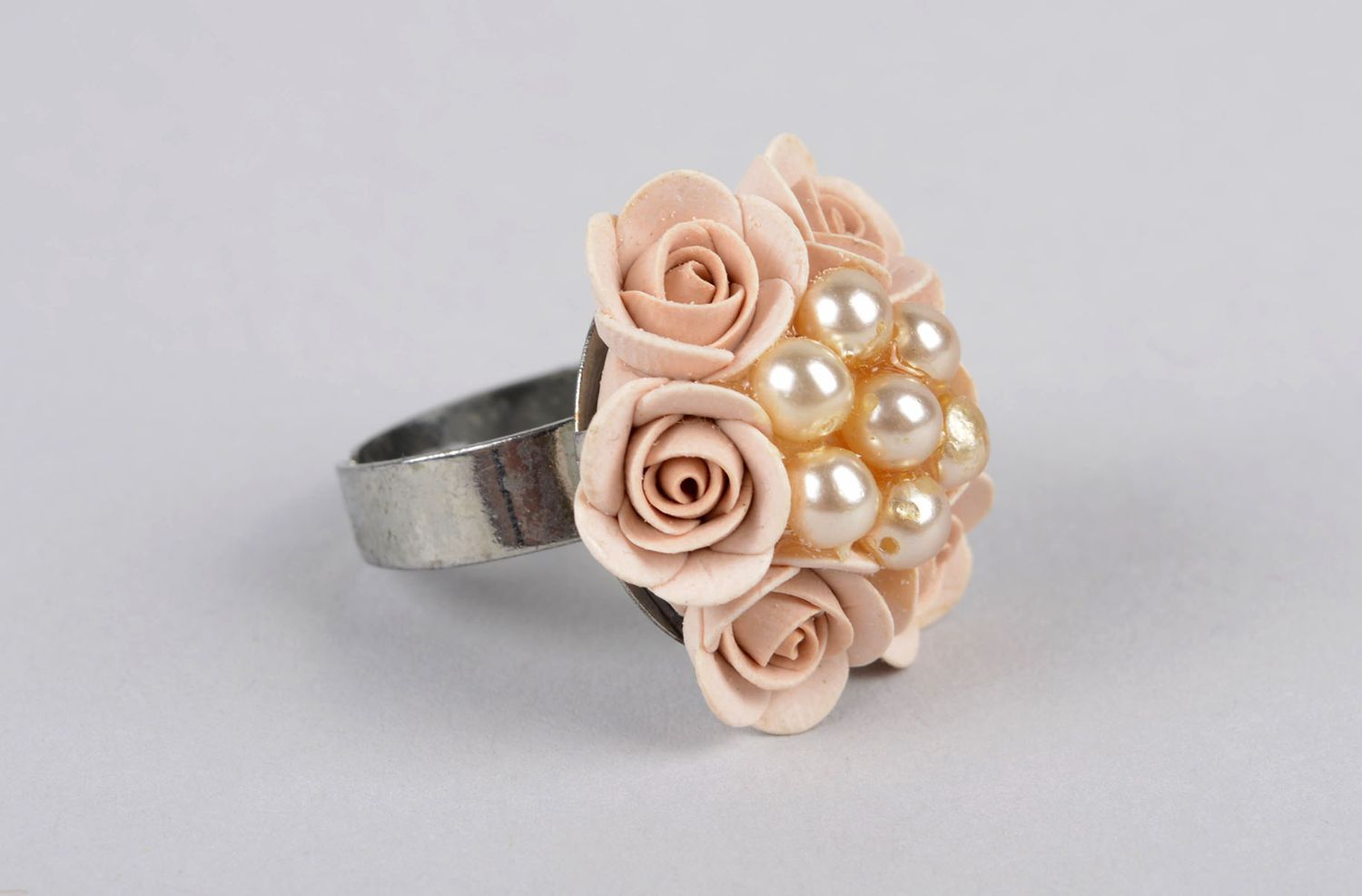 Handmade polymer clay ring volume ring with roses flower ring designer jewelry photo 1