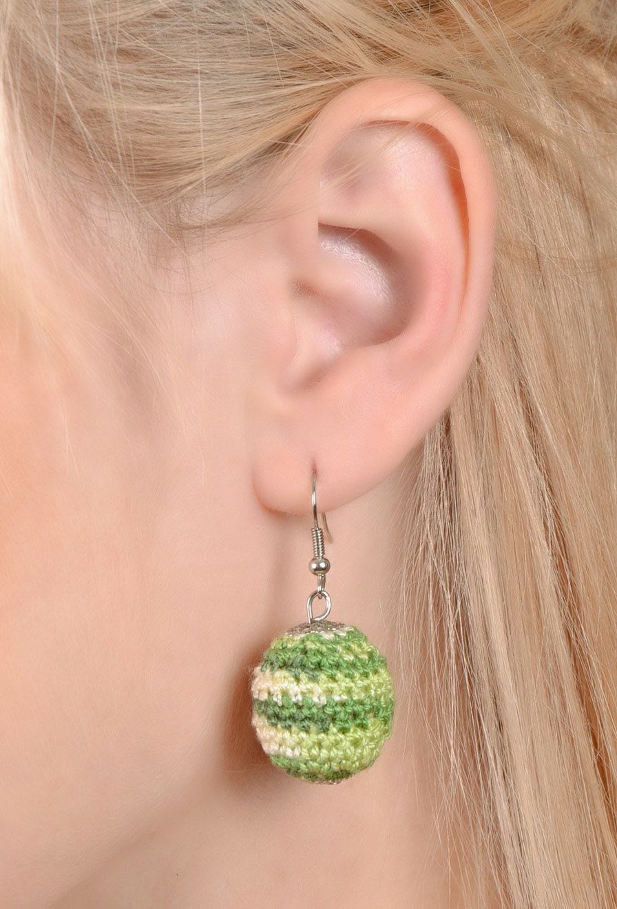 Round crocheted earrings Green beads photo 4