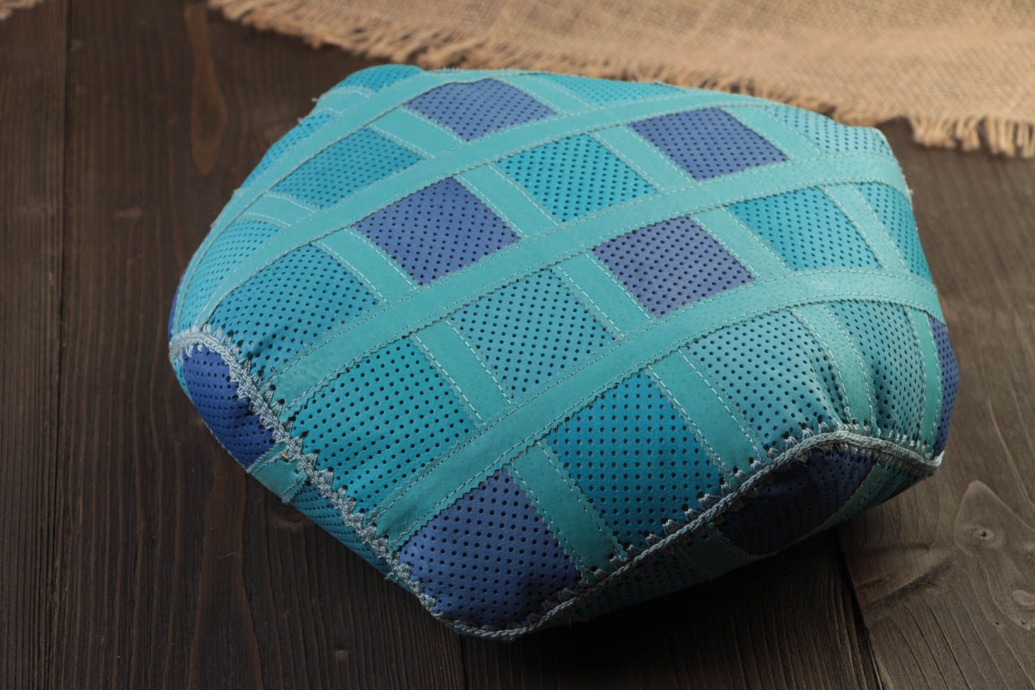 Handmade designer throw pillow sewn of genuine leather in blue color palette photo 1