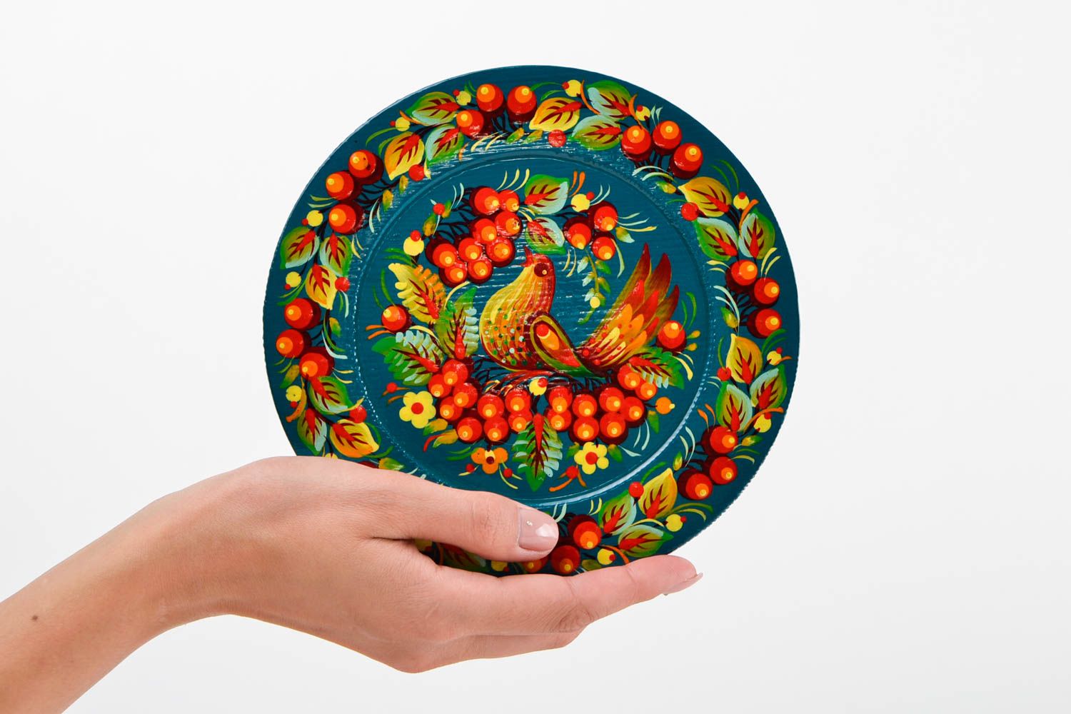 Расписная тарелка ручной работы тарелка на стену темно-синяя декоративная посуда фото 2
