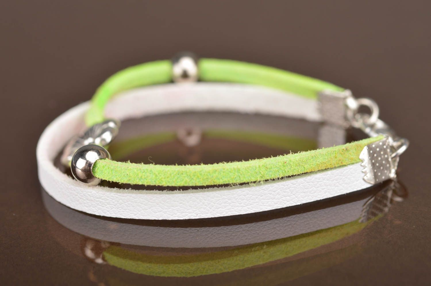 Children's handmade beautiful thin suede bracelet with charms green and white photo 5