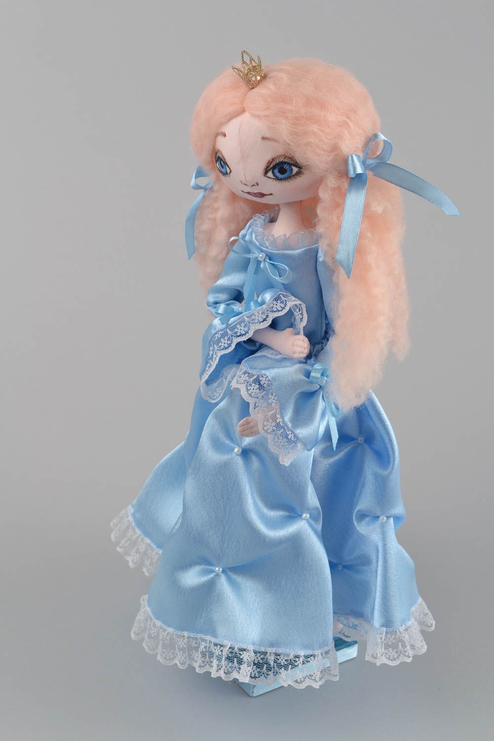Handmade designer interior fabric soft doll Princess in blue satin dress photo 3