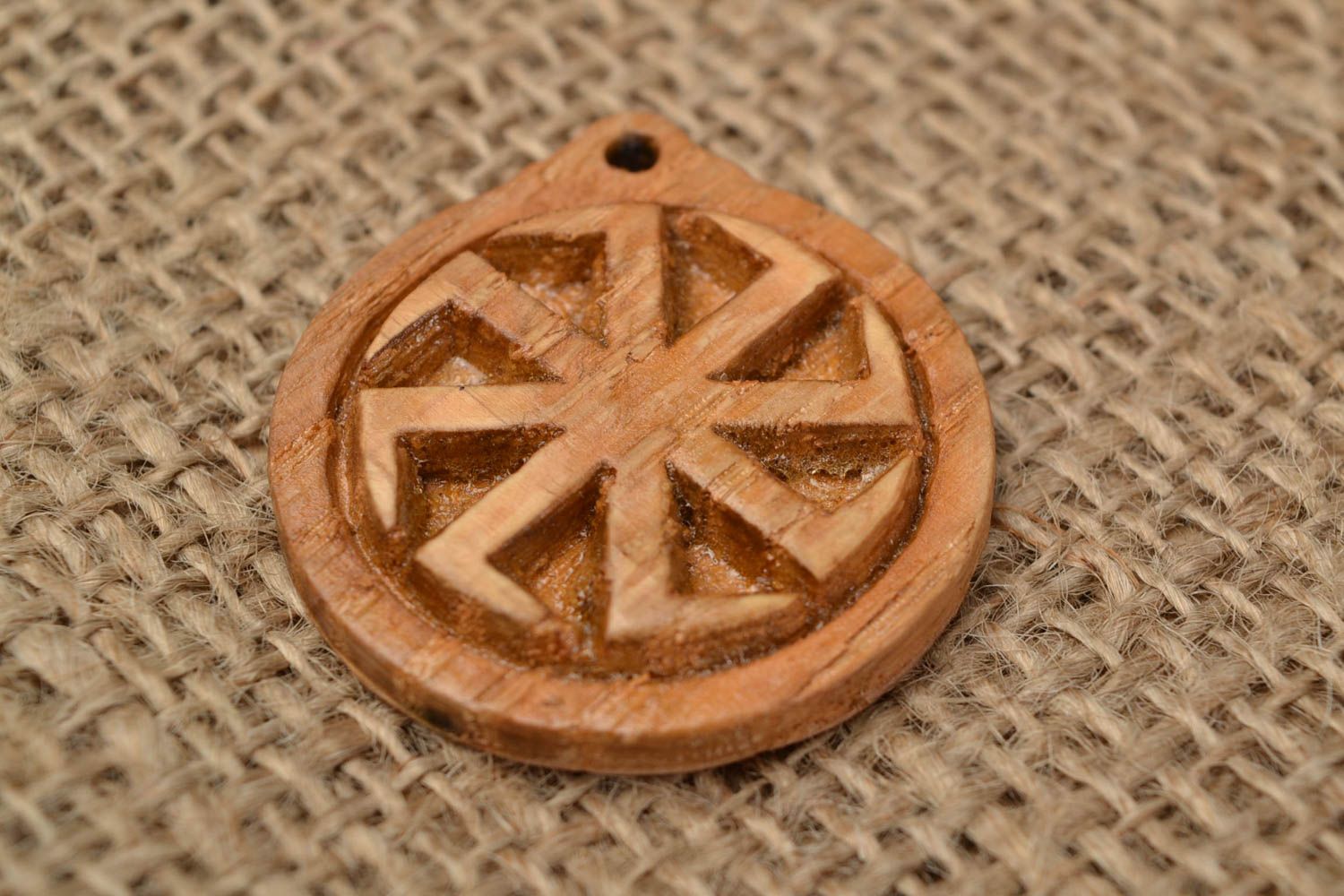 Wooden handmade Slavic talisman pectoral amulet Kolovrat in ethnic style photo 1
