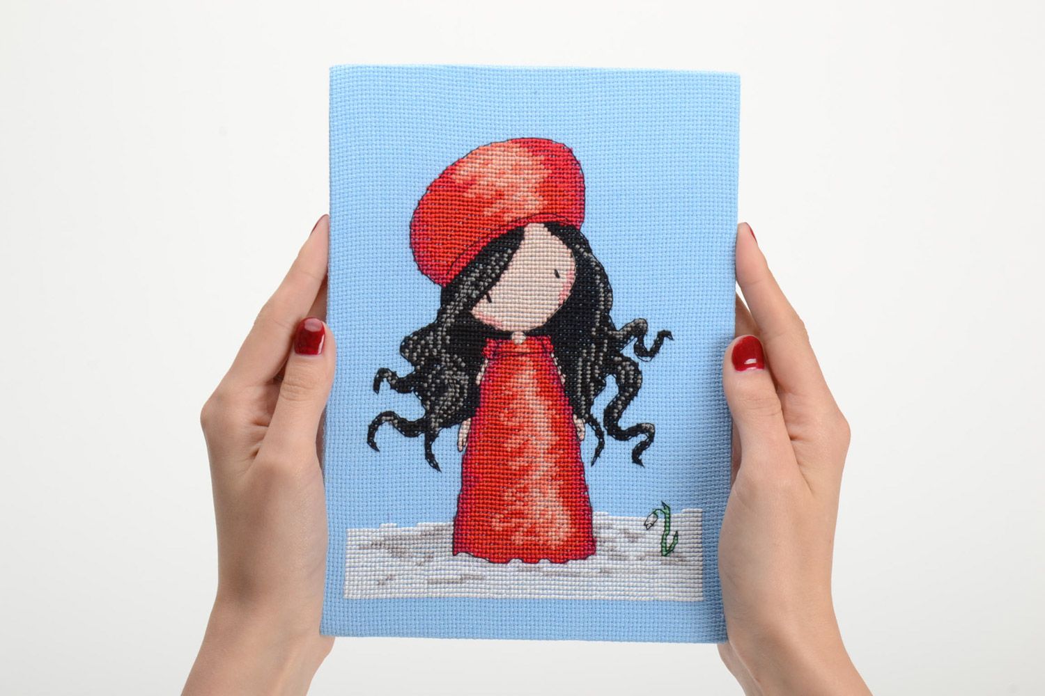 Handmade small embroidered picture with girl in red dress on blue background photo 5