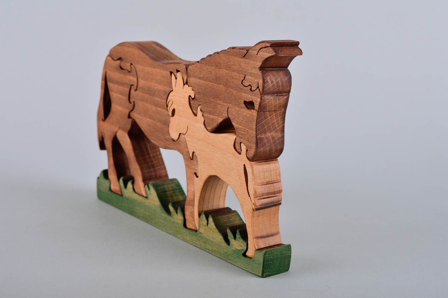 Puzzle 3D en bois fait main Jouet d'éveil écolo âne et ânon Cadeau bébé photo 3