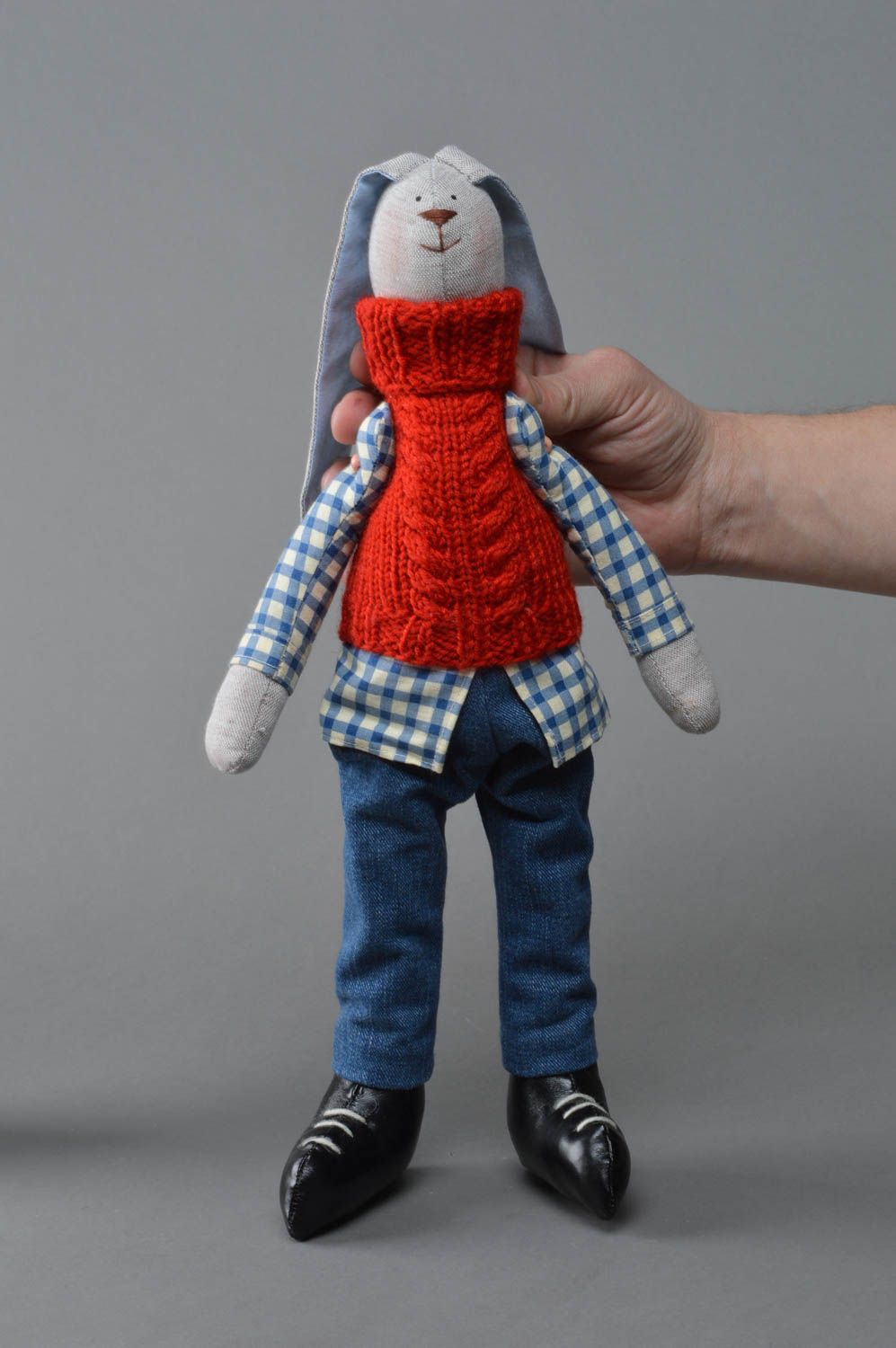 Handmade linen fabric soft toy stylish rabbit in red knit vest and leather shoes photo 1