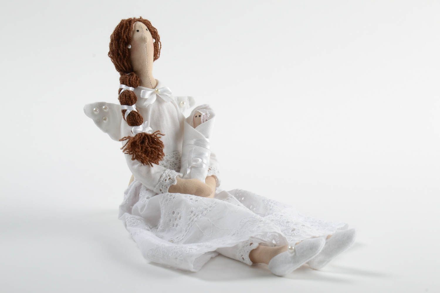 Авторская тканевая кукла из хлопка хэнд мэйд мягкая игрушка Ангел в белом фото 2