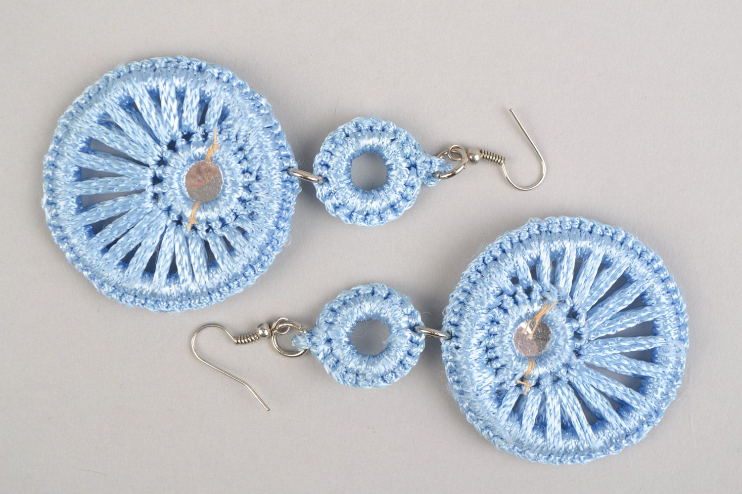 Handmade designer long earrings woven of blue viscose threads with rhinestones photo 5