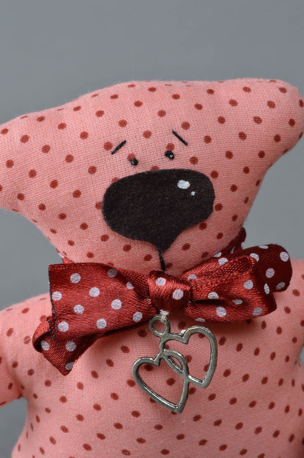 Set of 2 handmade small cotton soft toys violet and pink polka dot bears photo 3