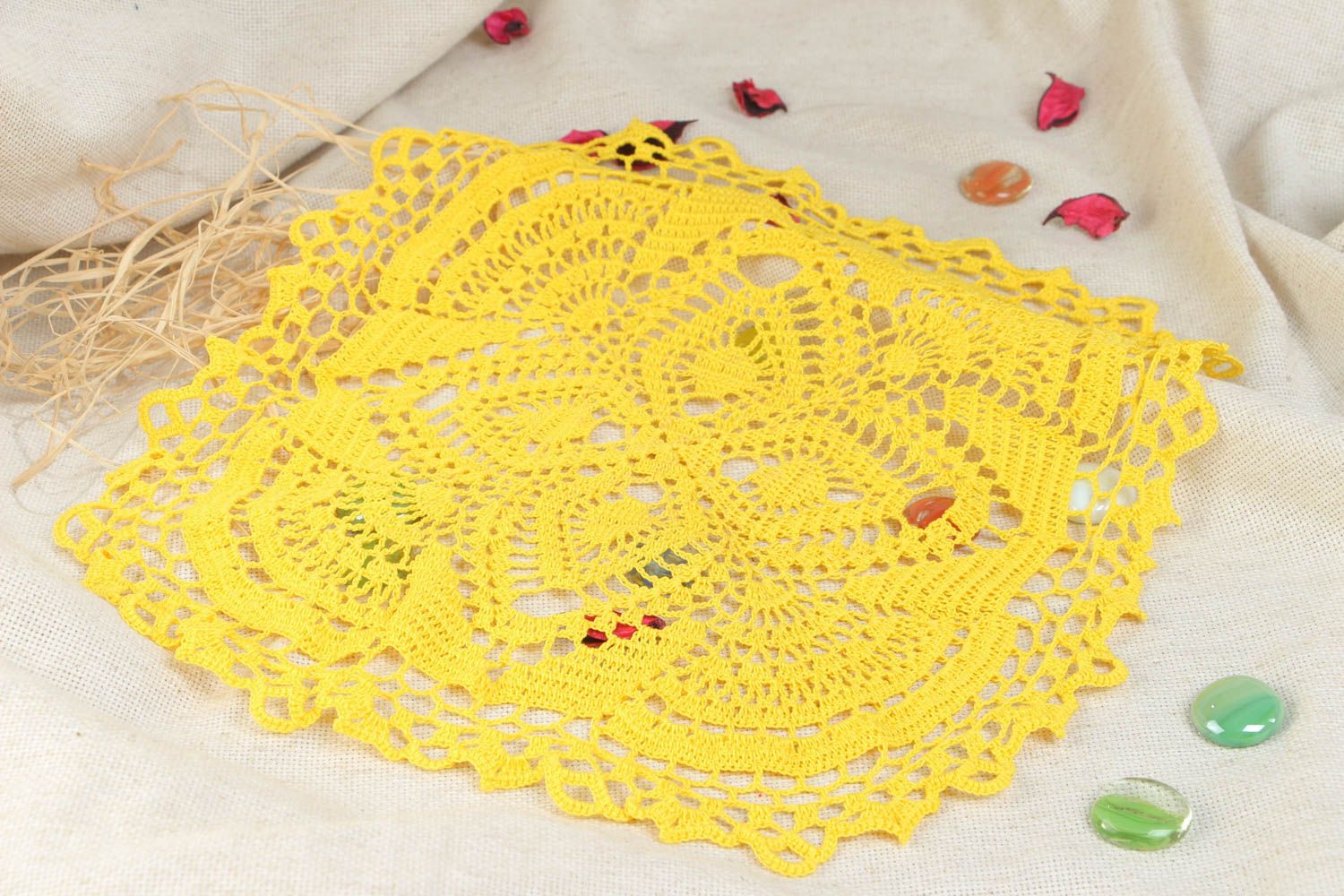 Beautiful light lace crochet cotton table napkin of yellow color handmade photo 1