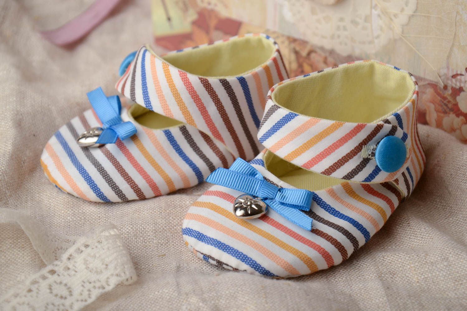 Handmade colorful striped cotton fabric baby shoes with bows for little girl  photo 1