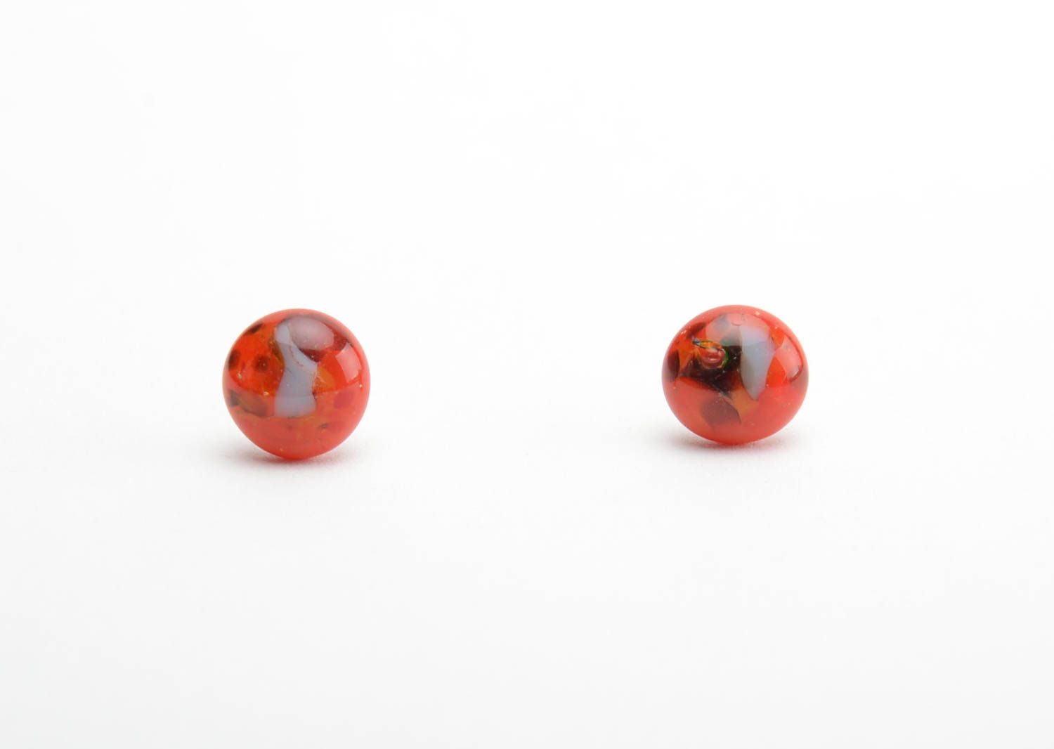 Red stud earrings glass fusing technique handmade round-shaped summer jewelry photo 5