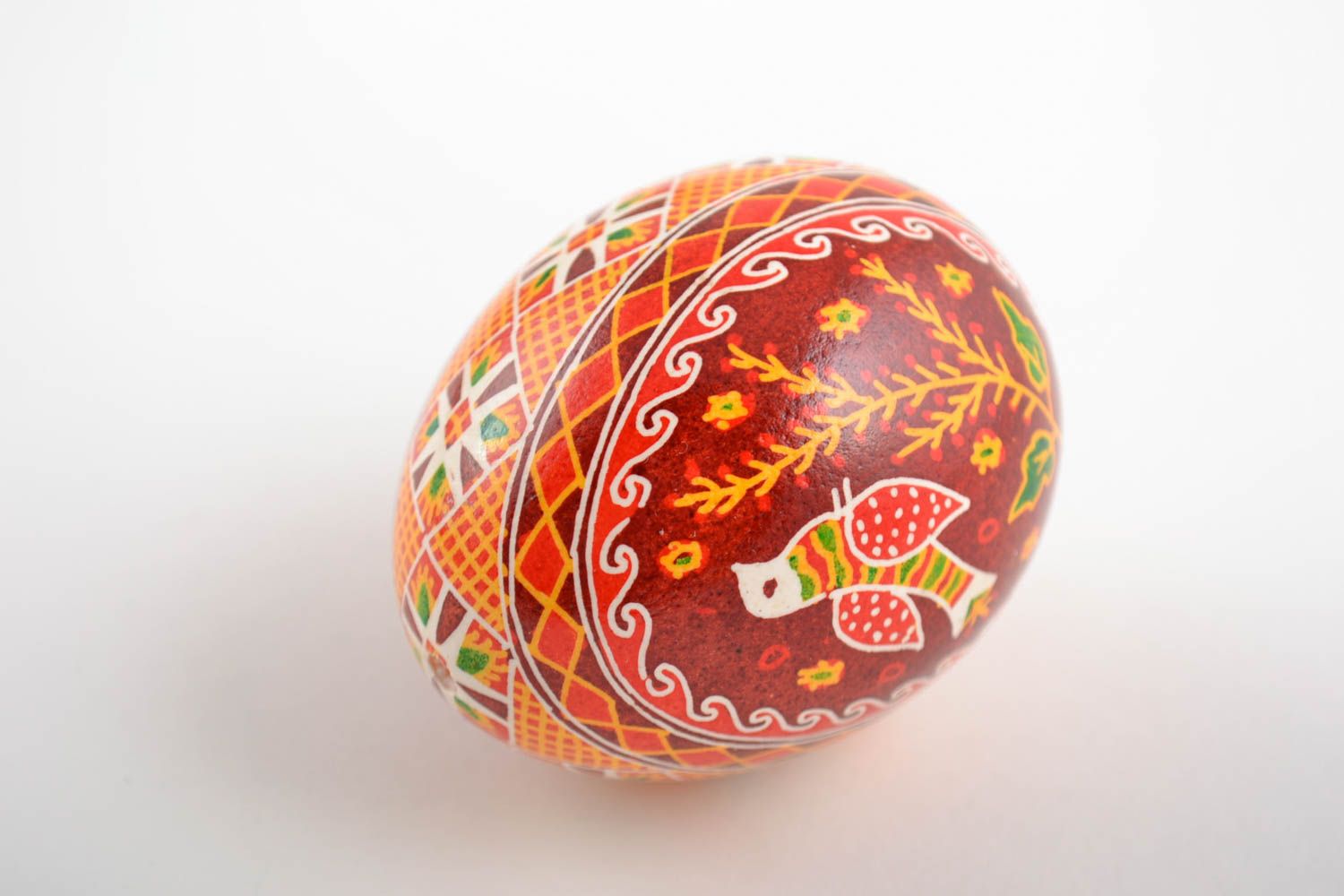 Gift handmade designer painted Easter egg in red color palette Bird photo 4