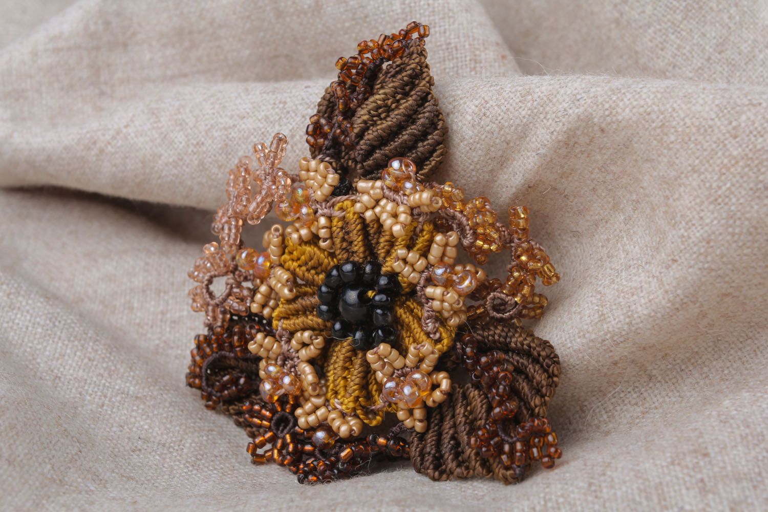 Woven macrame brooch Coffee Flower photo 1