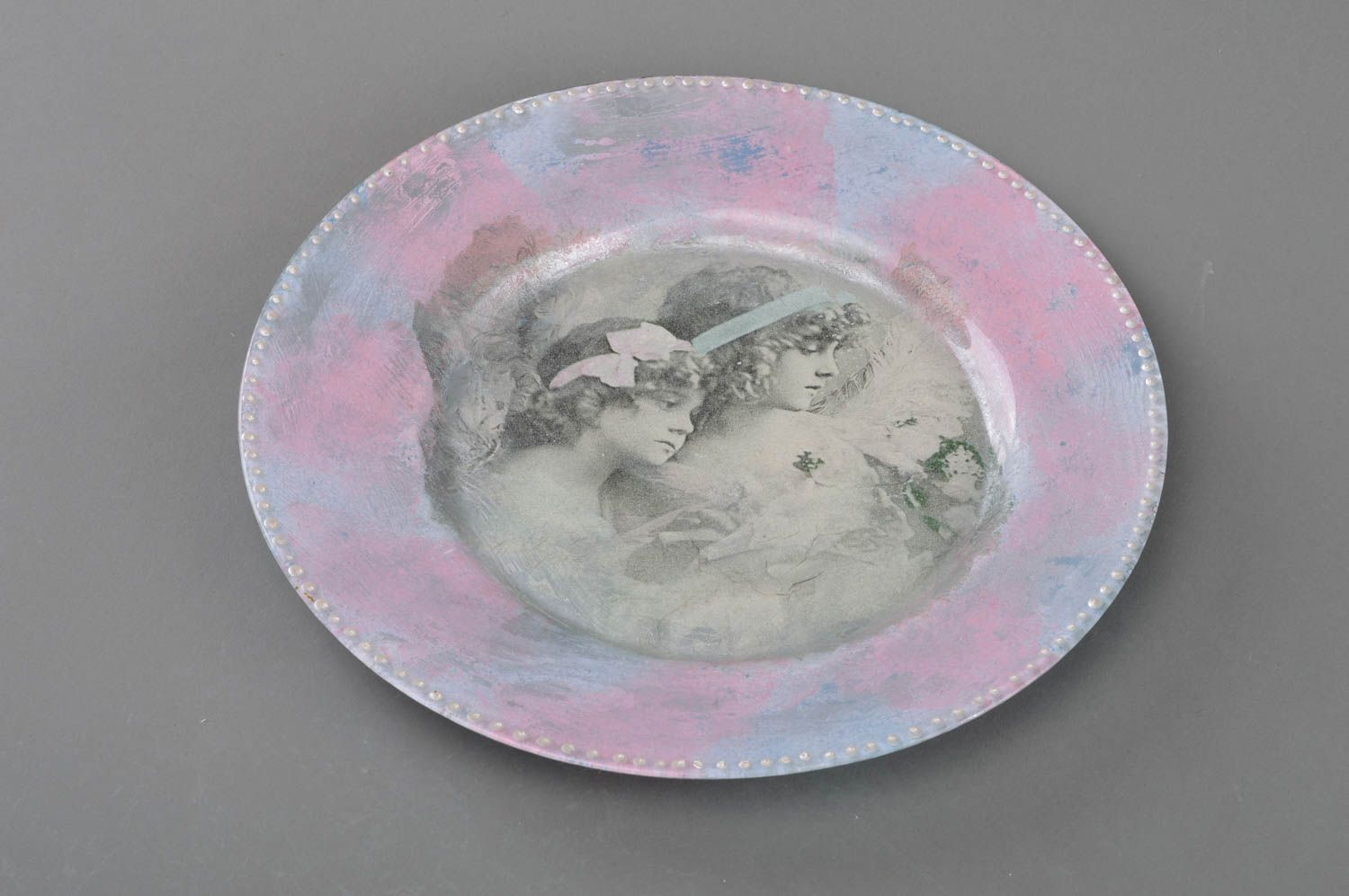 Handmade decorative decoupage glass plate pink and gray in vintage style photo 1