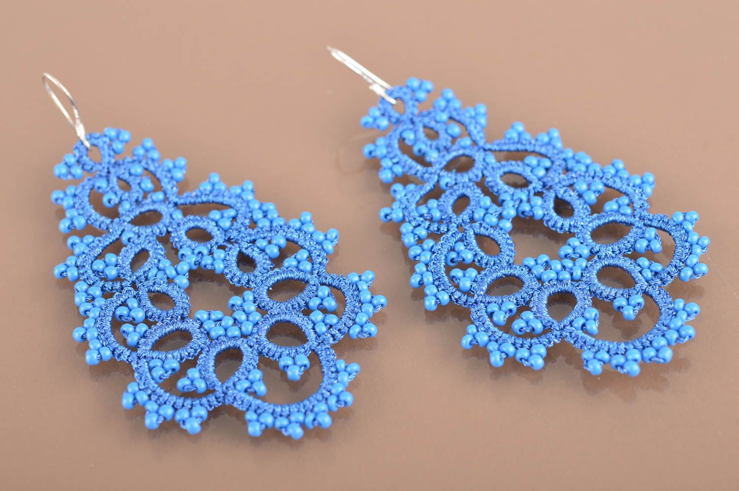 Large beautiful blue handmade tatting lace earrings with beads designer jewelry photo 2