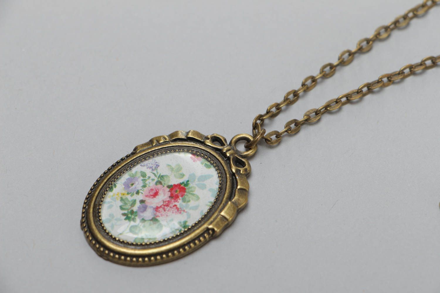 Handmade glassy glaze pendant on a long chain beautiful designer oval accessory photo 3