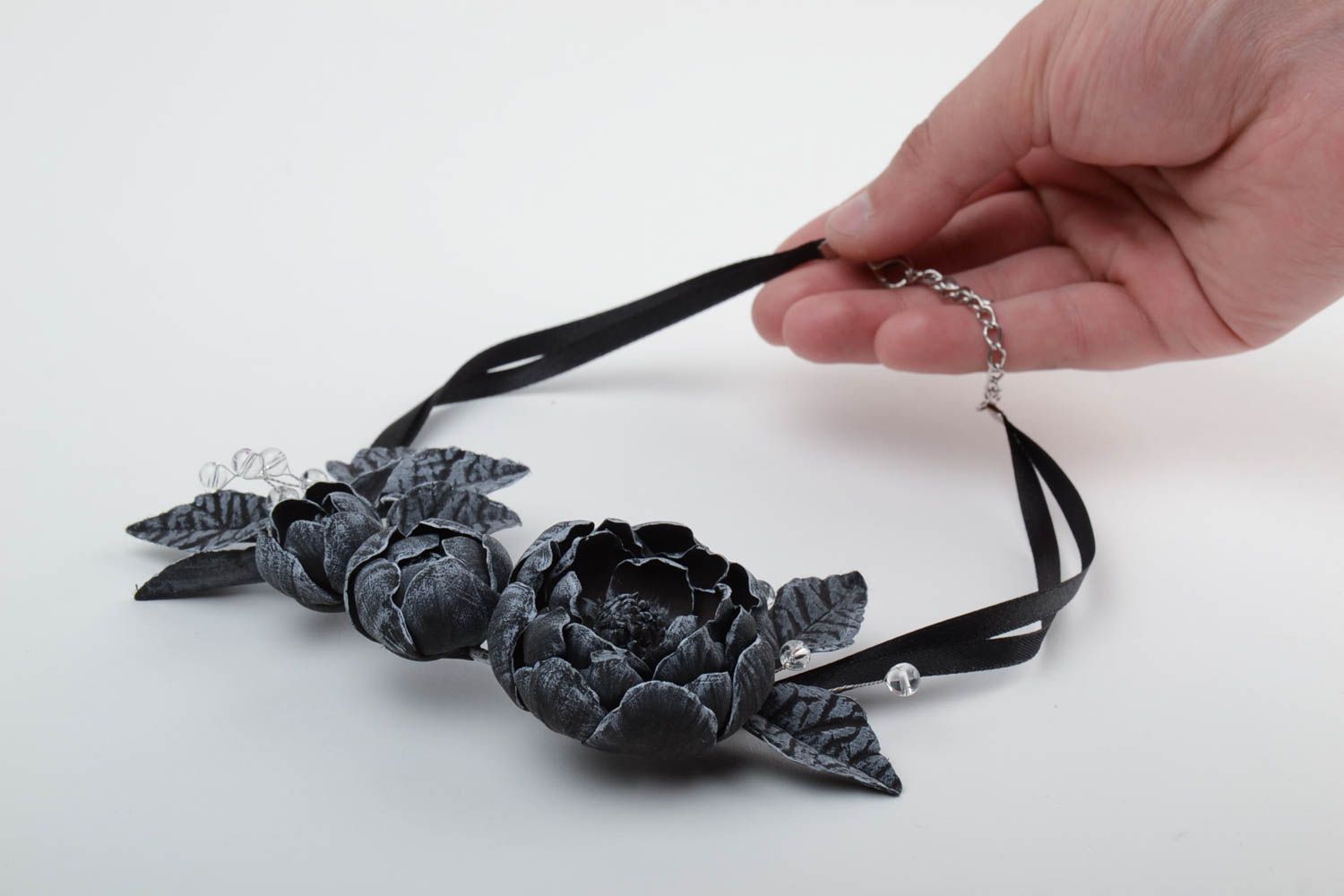 Handmade black floral self hardening clay necklace on ribbons of black color photo 2