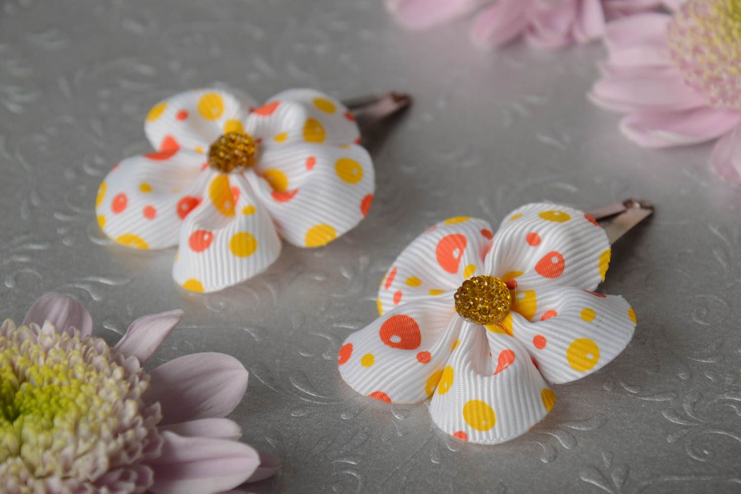 Beautiful handmade designer satin flower hair clips 2 pieces polka dot photo 1
