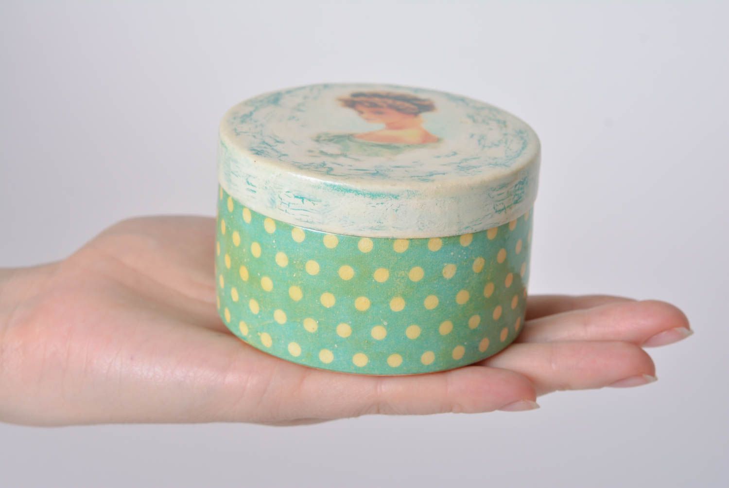Small handmade round wooden jewelry box with decoupage Girl photo 2