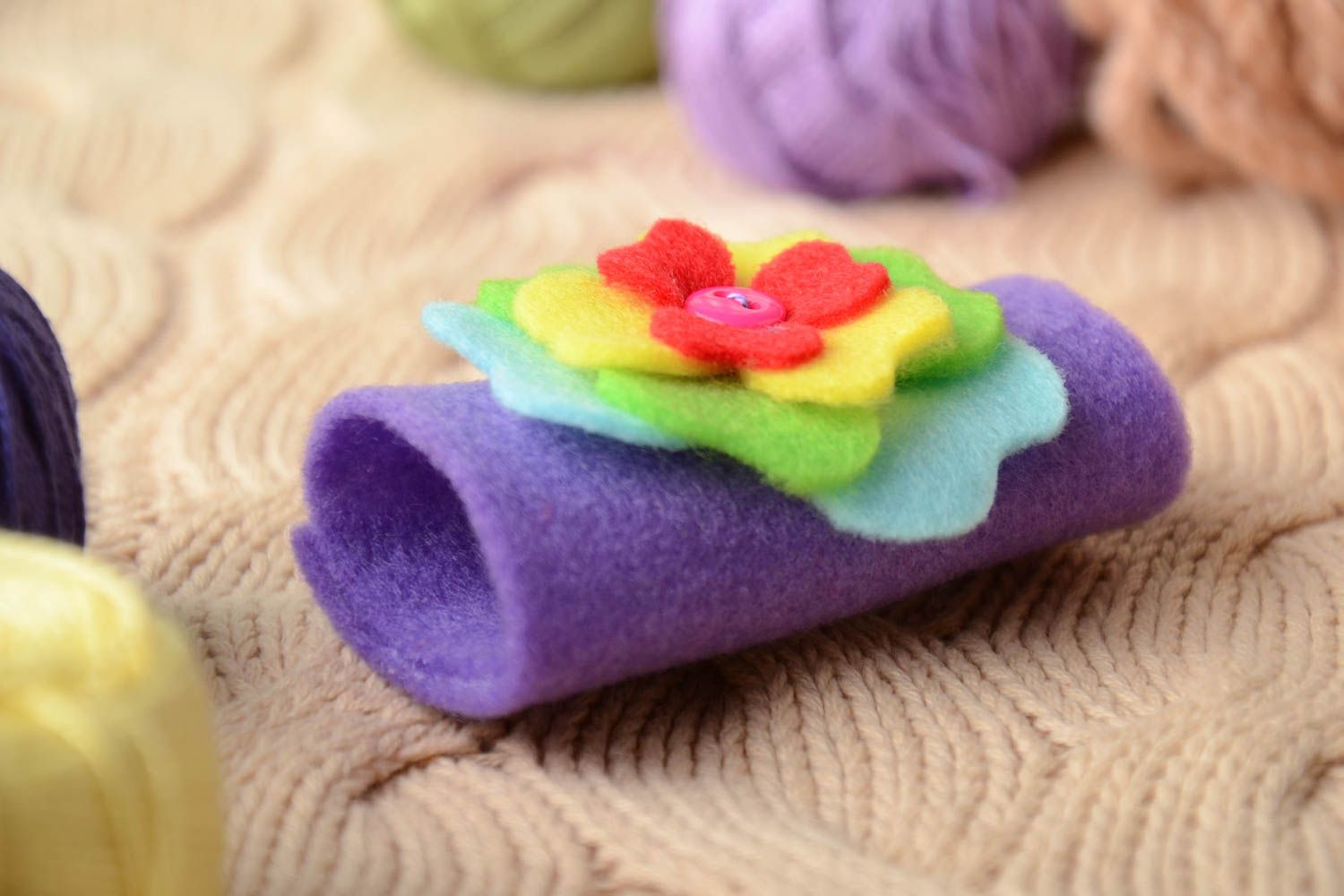 Handmade bright violet decorative felt cutlery holder with colorful flower photo 1